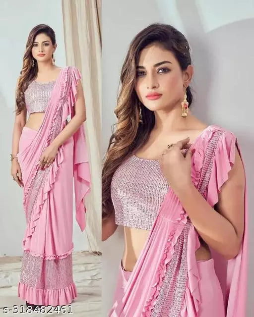 Ready To Wear Lycra  Freel Style Fancy Party Wear Sarees Pink Colour Sarees with sequance blouse BY Kraddle