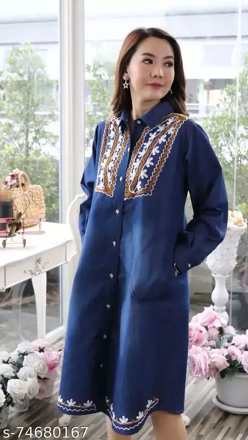 Pretty Latest Embroidered Women Denim Dresses