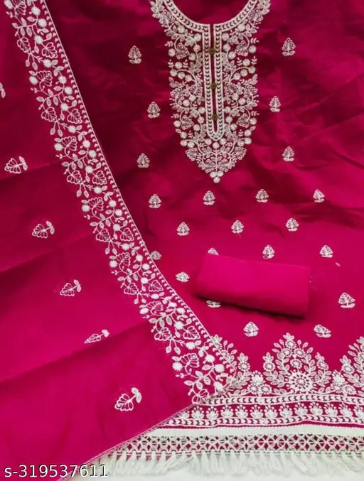 Women's Heavy Cotton Embroidery Work Unstitched Salwar Suit Dress Material With Chanderi Work Dupatta