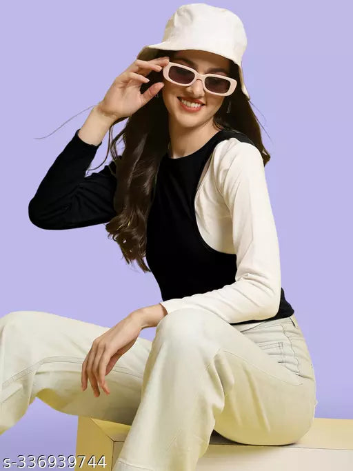Casual Regular Sleeves Color Block Women Black  White Top (Women Top | Women Tops | Top)