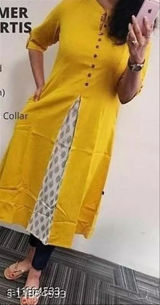 Women Cotton A-line Printed Yellow Kurti