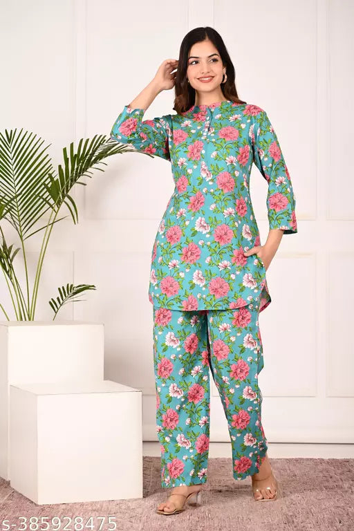 Febq Womens Designer Print Co-Ord Set Relaxed Fit for Women- Two Piece Co Ord Set Top & Pant 