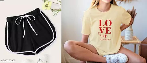 Vivient Women Black Shorts and Yellow Love Printed T-Shirt Combo