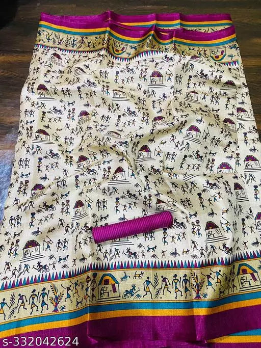 WARLI PRINTED KHADI SILK BLENDED LIGHT WEIGHT COMFERTABLE WEAR DESIGNER SAREE WITH BLOUSE