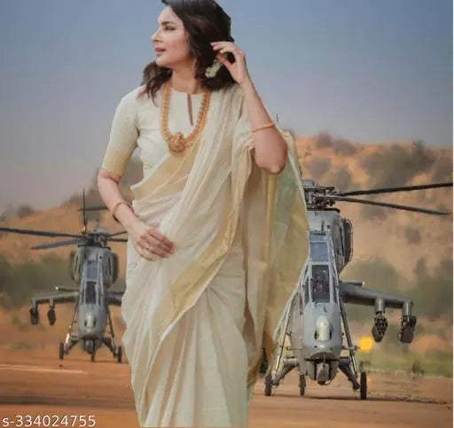 REAL HAND WOOVEN KERALA KASAVUE PURE COTTON COLOR CREAM / BEIGE WITH UNSTICHED BLOUSE ZARI COLOR IS GOLD ZARI SIZE IS 2 BY 3
