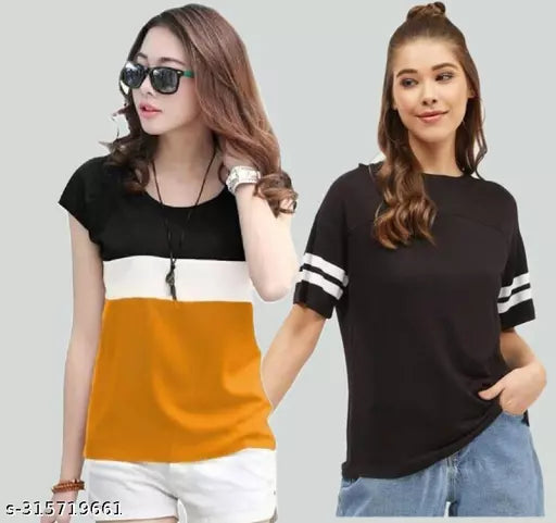 Women Color Block & Striped HALF Sleeve Designer hooded casual wear Top for women and Girls