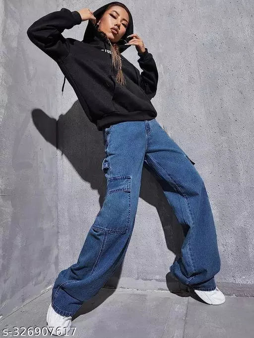 WOMEN LATEST CARGO TROUSERS | SOLID HIGH-RISE CARGO JEANS | 6 POCKET WIDE LEG DENIMS | 80'S ROCKER-CHIC INSPIRED CARGO PANTS | SIT ABOVE | NON-STRETCH FIT WITH A WIDE LEG | SPORTY LOOK LOOSE FIT DENIMS