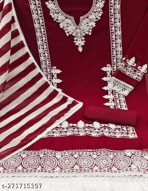 Fancy Women's Unstiched Patiala Georgette Suits With Beautifull Chainstich Work Red Suit