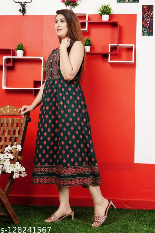 Shree Ganesh fashion's Rayon Anarkali Printed Mint Green  Kurti for women