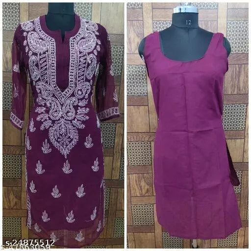 Handwork Embroidered Chikankari Chiffon SideCarry Long kurti.