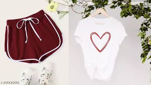 Vivient Women Maroon Shorts and White Heart Printed T-Shirt Combo