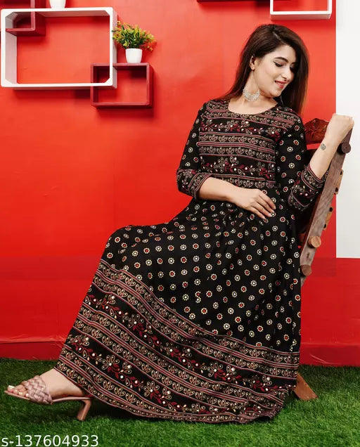Shree Ganesh fashion's Rayon Anarkali Printed Black Green gold  Kurti for women
