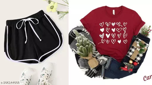 Vivient Women Black Shorts and Maroon Hearts Printed T-Shirt Combo