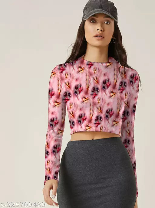Western Printed Round Neck Crop Top