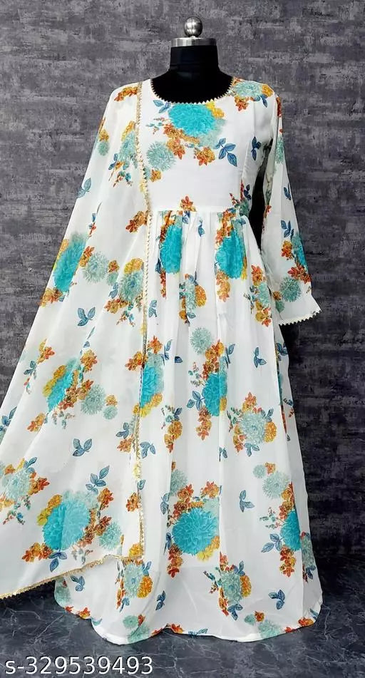 QVAZOR Stylish Fancy Trendy Printed Georgette Gown For Women For Party Wedding Festival Functions