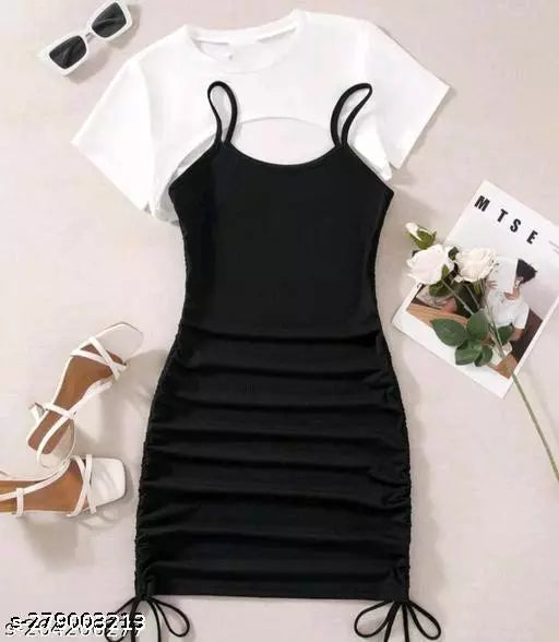 STYLISH KNITTED FABRIC LONG DRESS+ TOP COMBO
