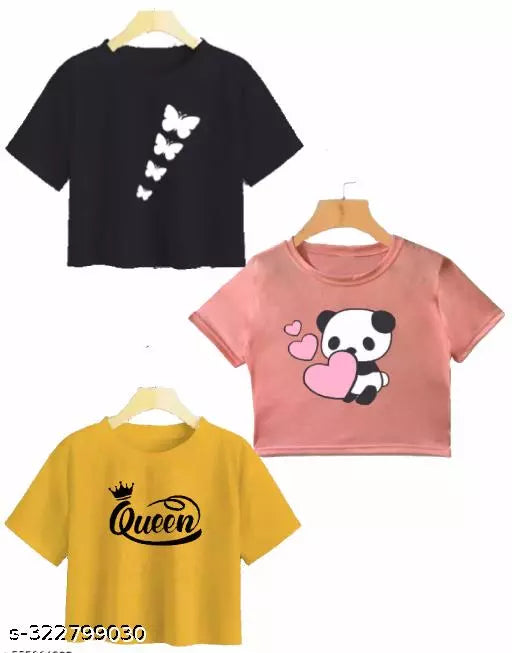 Trendy Feminine Printed Crop Tshirt Round Neck Top For Womens (Combo 3)