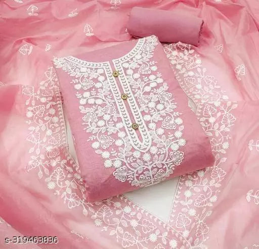 Pink Chanderi Cotton Unstiched Chudidar Patiala Punjabi ChainStich Work Embroidered Party Wear Salwar Suits & Dress Materials