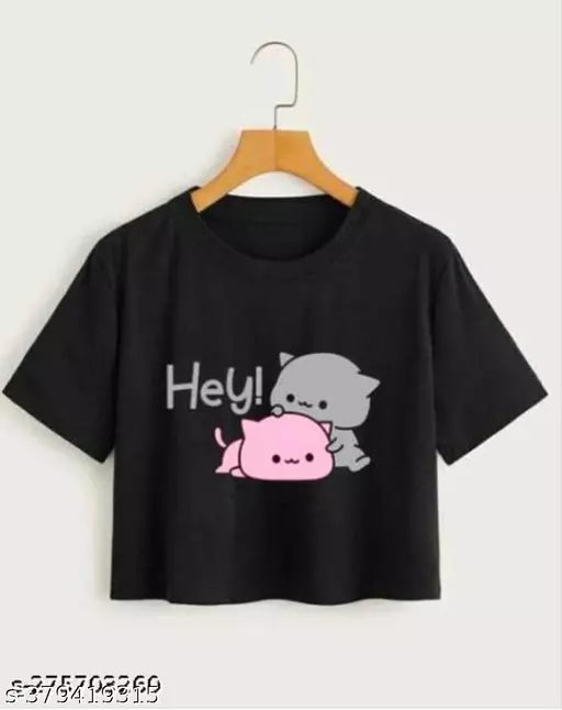 Trendy Feminine Printed Crop Tshirt Round Neck Top For Womens