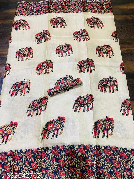 ELEPHANT PRINTED KHADI SILK BLENDED LIGHT WEIGHT COMFERTABLE WEAR SAREE WITH BLOUSE