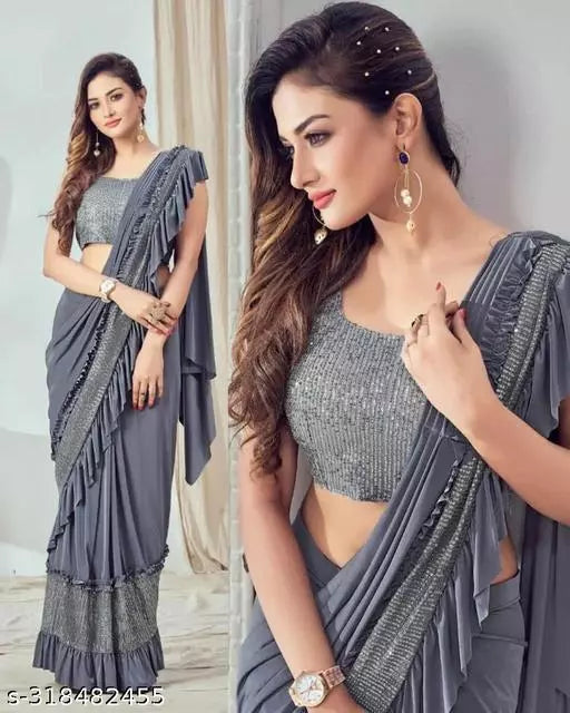 Ready To Wear Lycra  Freel Style Fancy Party Wear Sarees Grey Colour Sarees with sequance blouse BY Kraddle