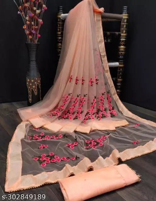 Net sarees with beautifull Embroidered work and unstiched Blouse pieces with all over border fancy moti work Chicku Colours