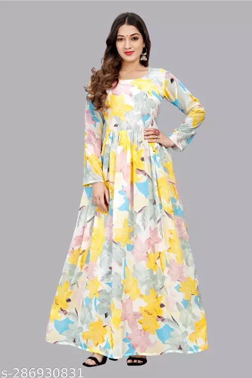 QVAZOR Stylish Fancy Trendy Printed Georgette Gown For Women For Party Wedding Festival Functions