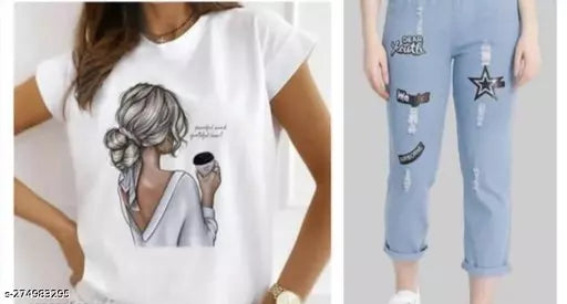 light blue jeans wirh round neck t_shirt