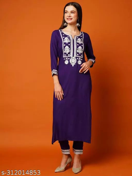 Anni Designer Women's Cotton Blend Violet Straight Embroidered Kurta with Trouser