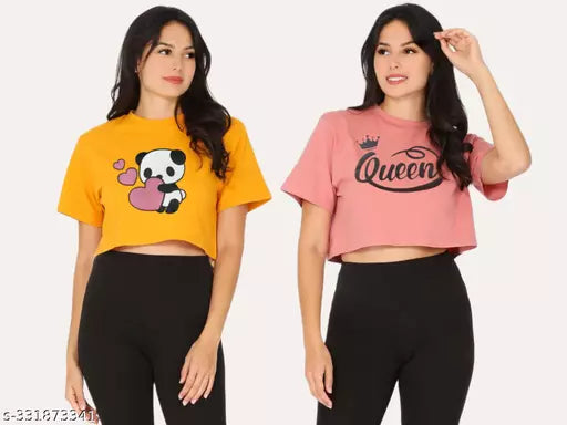 Trendy Feminine Printed Crop Tshirt Round Neck Top For Womens(Pack Of 2)