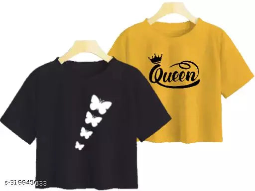 Trendy Feminine Printed Crop Tshirt Round Neck Top For Womens (Combo2)