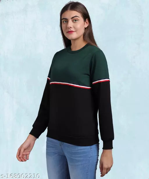 Vivient Green Black Color Blocked PulloverSweatshirts