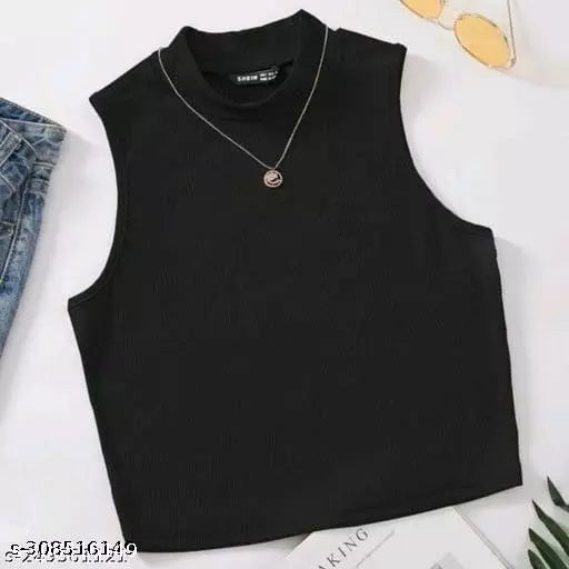 Women Black Ribbed Modal-Blend Top