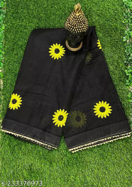Under 399 Designer Printed Embroidered Sunflower Net Sarees Black Colours Daily Wear Sarees