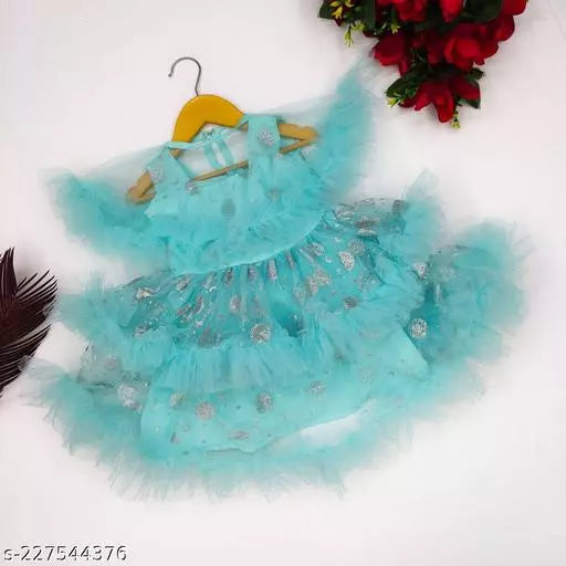 Designer Trending Partywear Ruffle Sky Blue Frock with Zari Work.