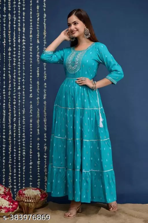 Women's Rayon Embroidery With Printed Gown