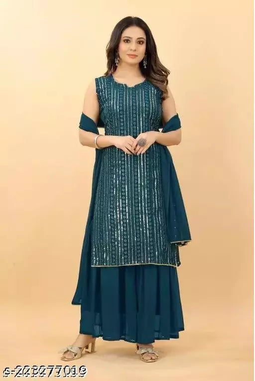 Women Faux Georgette With Embrodery Seqance Work Kurta With Sharara And Dupatta Stiched