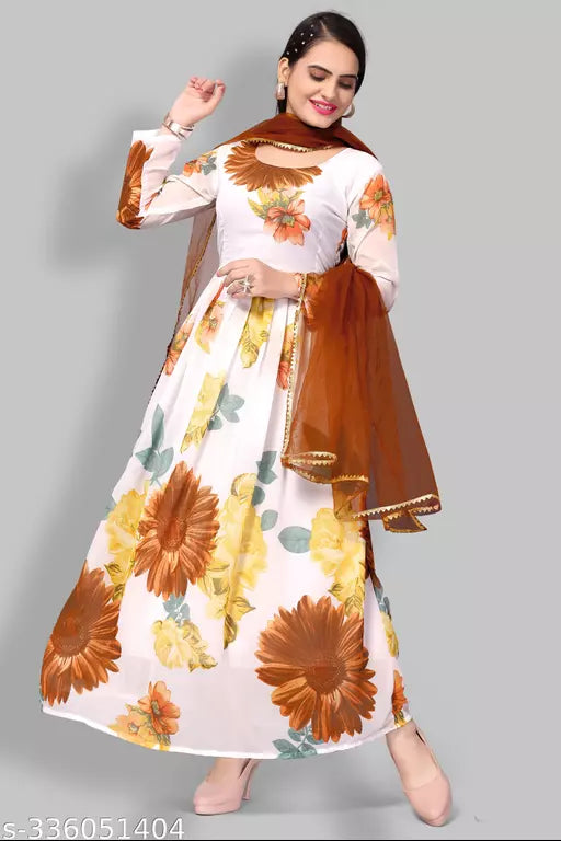 QVAZOR Stylish Fancy Trendy Printed Georgette Gown For Women For Party Wedding Festival Functions