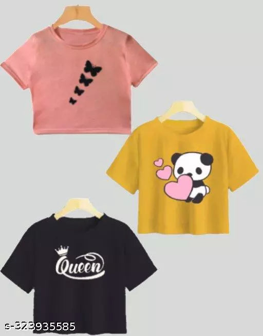 Trendy Feminine Printed Crop Tshirt Round Neck Top For Womens (Combo3)