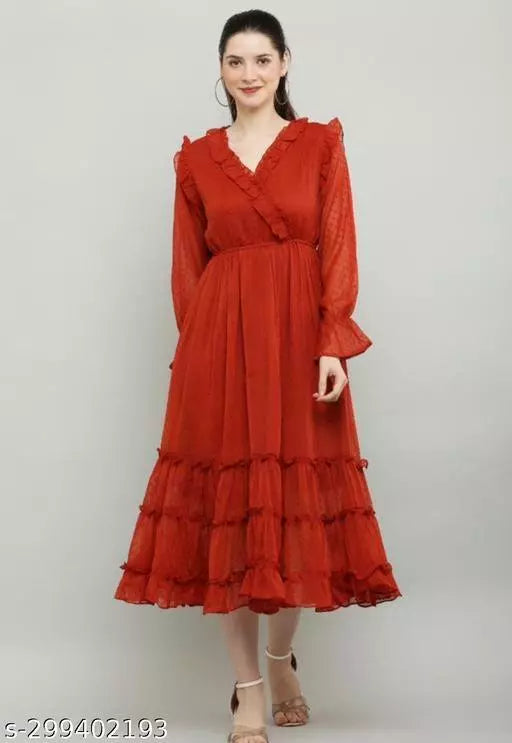 V Neck Long Dress  For Women Georgette Fabrie
