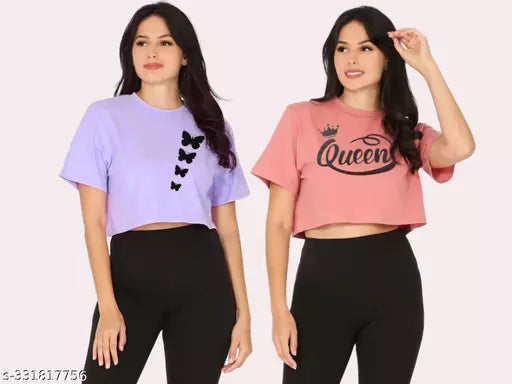 Trendy Feminine Printed Crop Tshirt Round Neck Top For Womens(Pack Of 2)