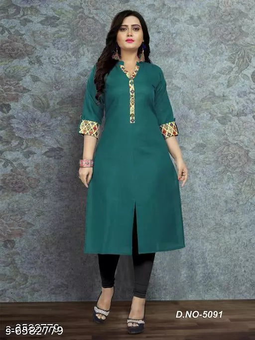 Women Cotton Front Slit Solid Kurti