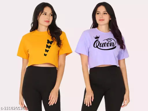 Trendy Feminine Printed Crop Tshirt Round Neck Top For Womens(Pack Of 2)