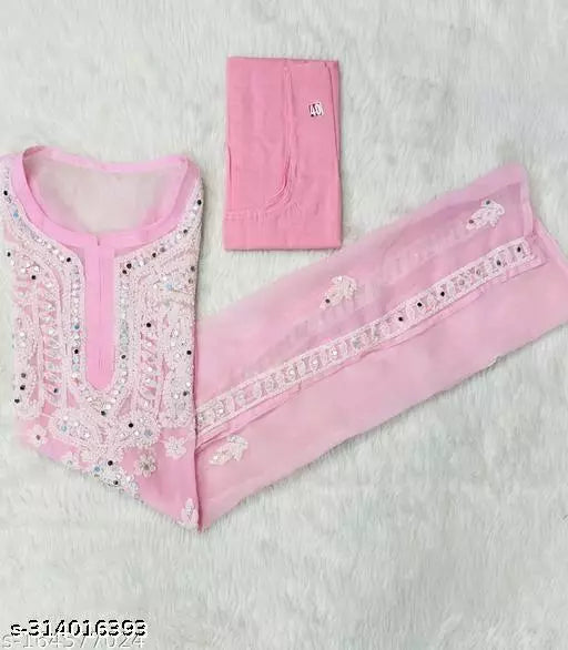 Mirror work embroidered Chikankari chiffon kurti with cotton inner.