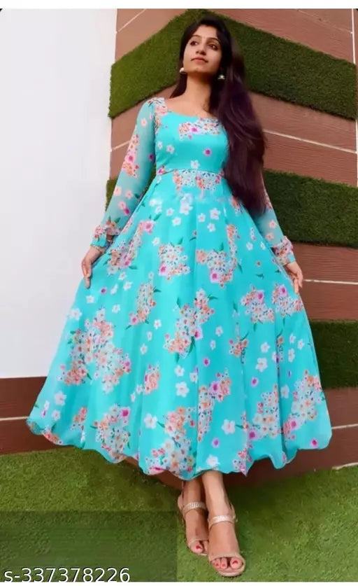 QVAZOR Stylish Fancy Trendy Printed Georgette Gown For Women For Party Wedding Festival Functions