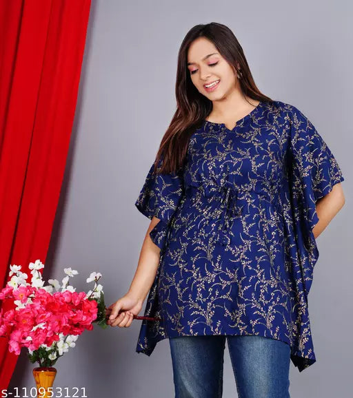 Stylish Rayon Printed   women Blue Gold Kaftan Top