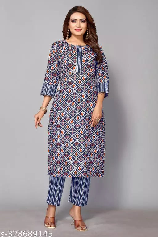 Women Cotton Fancy Stripped Kurti With Bottom
