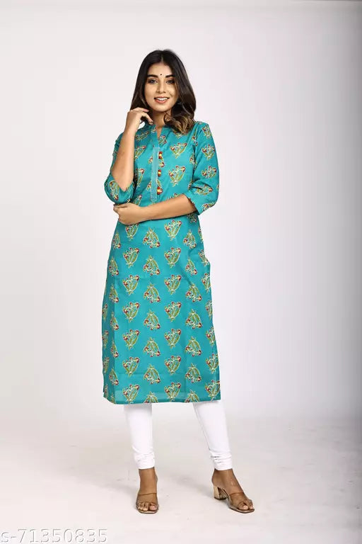 Swasti Plus Size Women Floral Print Pure Cotton Straight Kurta  (Blue)