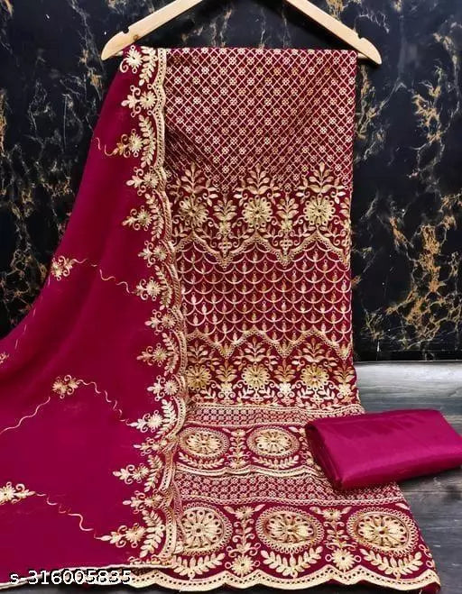 Women's Red Floral Patiala Embroidered Sequence Work Georgette Salwar Suit & Dress Materials