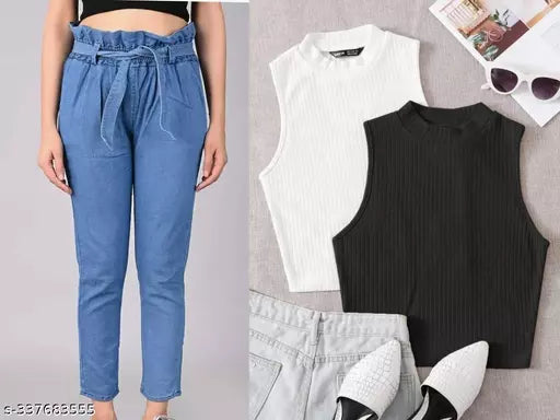 Women & Girl's Stylish 2 Pices White & Black Top & Botton Set  Round Neck  Sleeveless Botton Wear & Top Wear Set